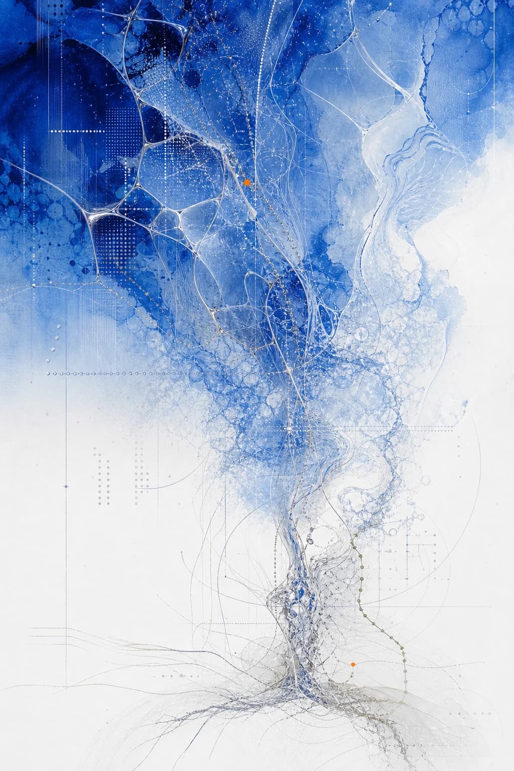 Rainwater Research systems artwork in cobalt, mineral white, and precise signal marks